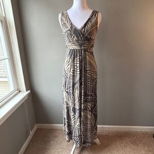 Boden Grey Tan Palm Leaf Print V-Neck Sleeveless Maxi Dress US 4R UK 8R